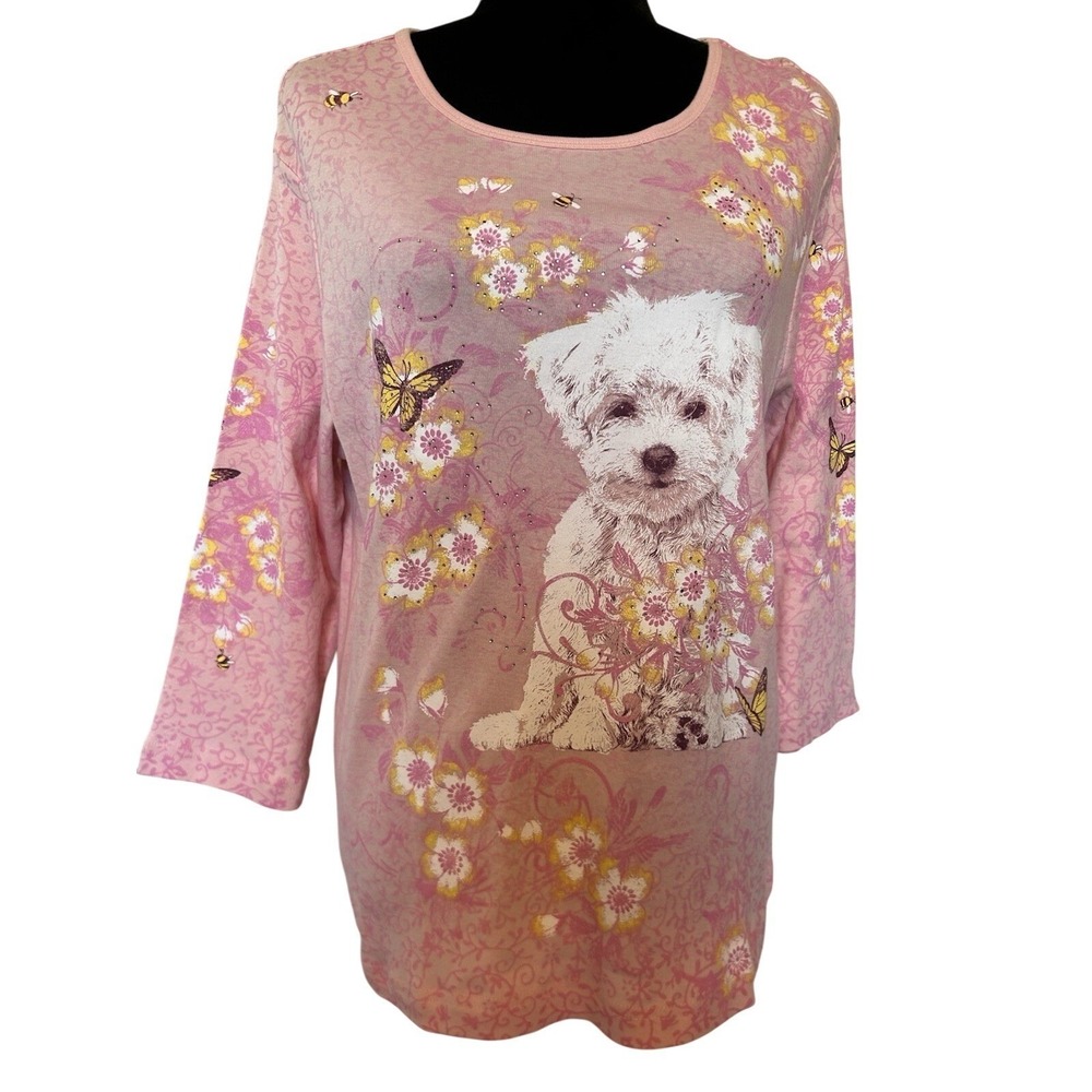 NWOT Endless Designs Pink With Florals Butterflies And White Dog Blouse Size Med